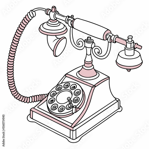 Retro dial telephone in pink color. Vintage wire phone contour drawing. Old electronic device. Cute vector clipart