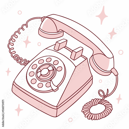 Retro dial telephone in pink color. Vintage wire phone contour drawing. Old electronic device. Cute vector clipart