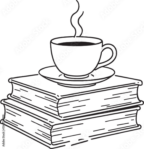 A steaming cup of coffee rests atop a stack of two old books illustrated in a simple black and white line drawing 1