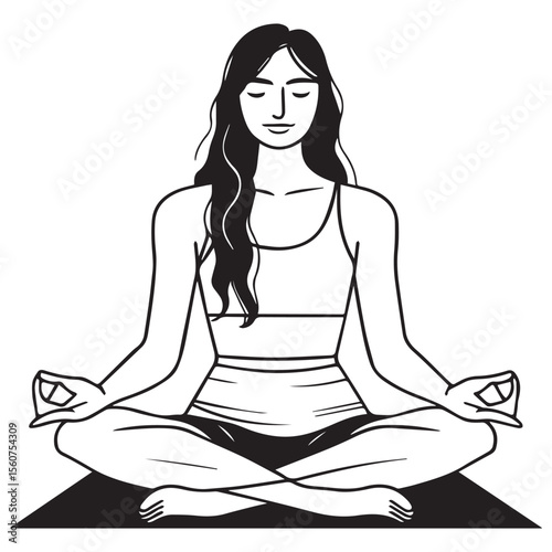 Stylized line art of a woman meditating in lotus pose on a yoga mat