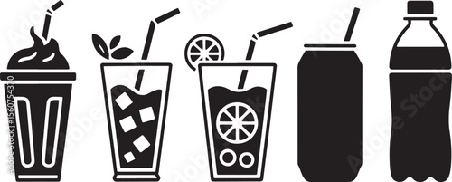 Black and White Illustration of Iced Coffee Milkshake Smoothie Lemon Soda Can Bottle vector 1