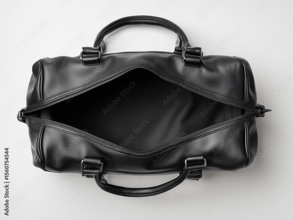 Black leather briefcase open, top view, stands on white background. Black leather briefcase open, top view, stands on white background.