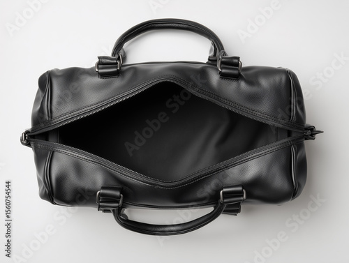 Black leather briefcase open, top view, stands on white background.
