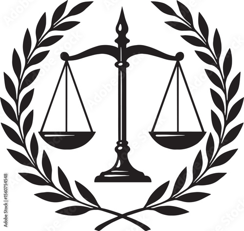 Black and White Scales of Justice Laurel Wreath Emblem Legal Symbol Icon vector