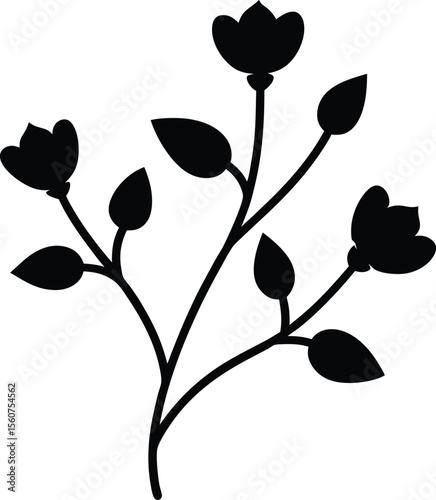 floral branch silhouette with buds and leaves nature vector
