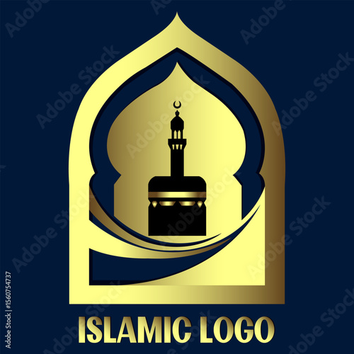 A stylized Islamic logo featuring a silhouette of a mosque minaret and the Kaaba within a golden archway, set against a dark blue background. The text "ISLAMIC LOGO" is prominently displayed in gold.