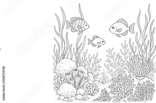 Black And White Underwater Scene Three Fish Coral Reef Seaweed Ocean Life Hand Drawn Illustration vector