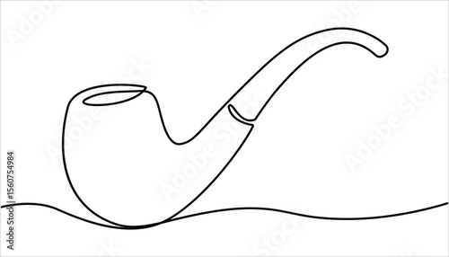 Continuous one line drawing of tobacco pipe. One continuous line drawing smoking pipe with smoke. Vintage tobacco pipe isolated on white background. Simple smoking pipe outline design.