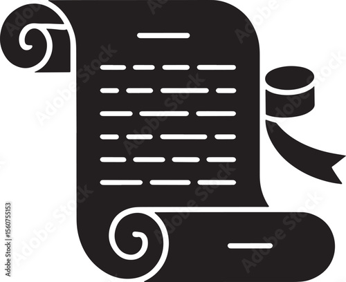 Black Silhouette Legal Scroll Document with Ribbon Seal Icon Graphic vector