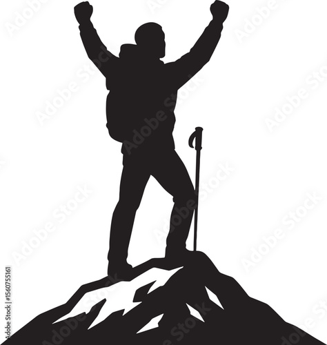 Black Silhouette Mountain Climber Triumphant Pose Arms Raised Backpack Peak Summit white
