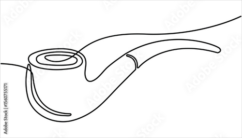 Continuous one line drawing of tobacco pipe. One continuous line drawing smoking pipe with smoke. Vintage tobacco pipe isolated on white background. Simple smoking pipe outline design.