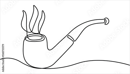 Continuous one line drawing of tobacco pipe. One continuous line drawing smoking pipe with smoke. Vintage tobacco pipe isolated on white background. Simple smoking pipe outline design.