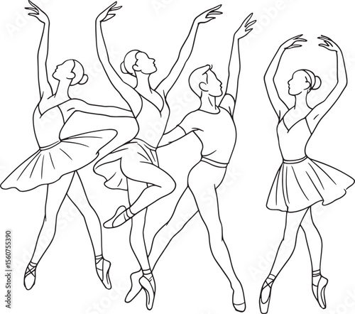 Four Ballet Dancers Line Drawing Elegant Poses Pointe Shoes White Background vector