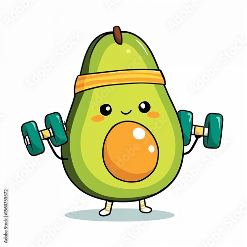 Cute cartoon avocado lifting dumbbells on white background