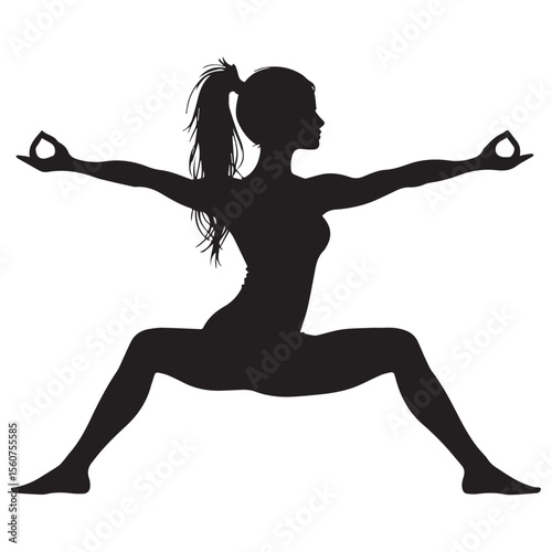 Silhouette of a woman performing warrior ii yoga pose with hands in gyan mudra