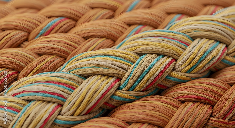A detailed closeup reveals a tightly woven rope pattern with a mix of brown, yellow, blue, and red fibers A detailed closeup reveals a tightly woven rope pattern with a mix of brown, yellow, blue, and red fibers