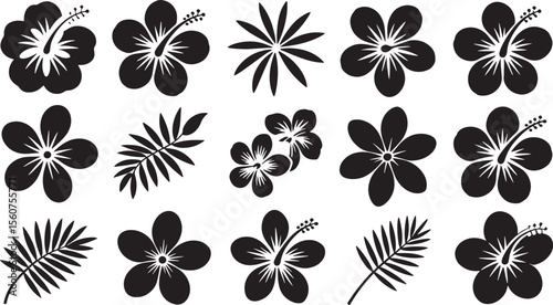 Sixteen Bold Black Tropical Flower Silhouettes Hibiscus Plumeria Fronds Floral Design Elements vector 1