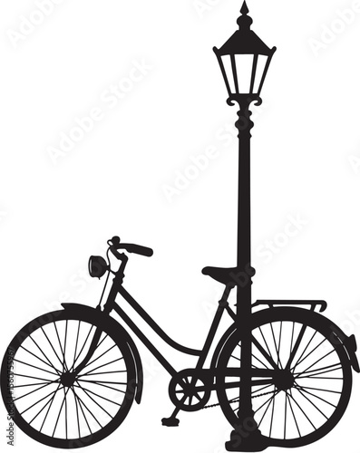 Vintage Bicycle Silhouette Black And White Classic Bike Street Lamp Post Illustration retro 1