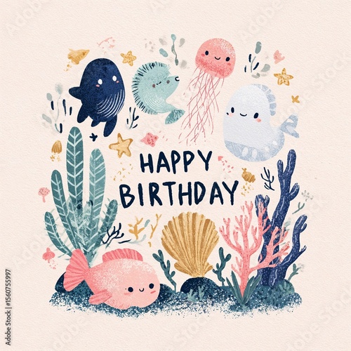 Cute underwater birthday card with sea animals in pastel colors