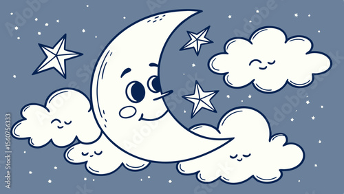 Cute moon and stars vector illustration for kids nursery decor and bedtime stories designs and projects