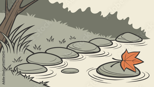 Cartoon river stepping stones and leaf illustration for children's book or nature scene vector art image