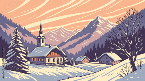 Winter landscape scene with snow covered houses and mountains vector illustration design art drawing 100
