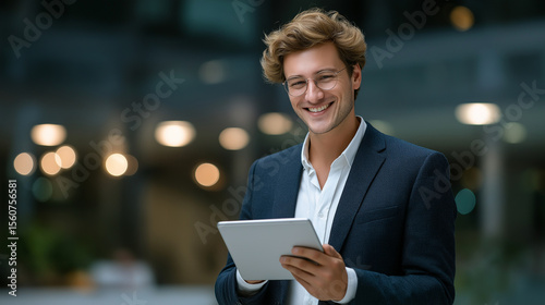 Recruiter in modern office reviewing candidate notes on tablet