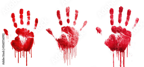 Three bloody handprints isolated on transparent background, dripping with blood, creating a scary and intense atmosphere