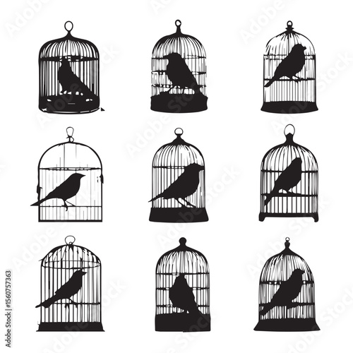 bird in cage silhouette set, Black & White silhouette set