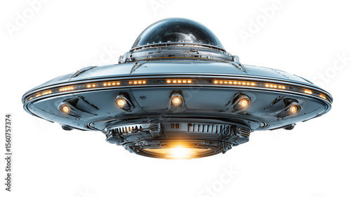 Ufo spaceship in flying saucer style hovering above landscape at twilight with glowing lights