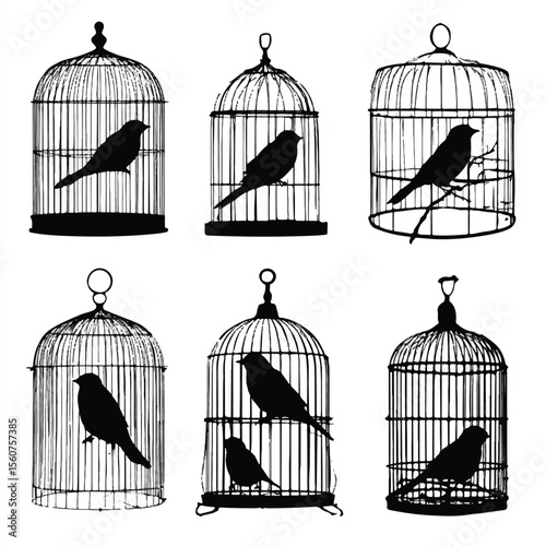 bird in cage silhouette set, Black & White silhouette set