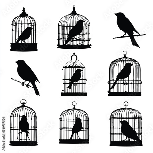 bird in cage silhouette set, Black & White silhouette set