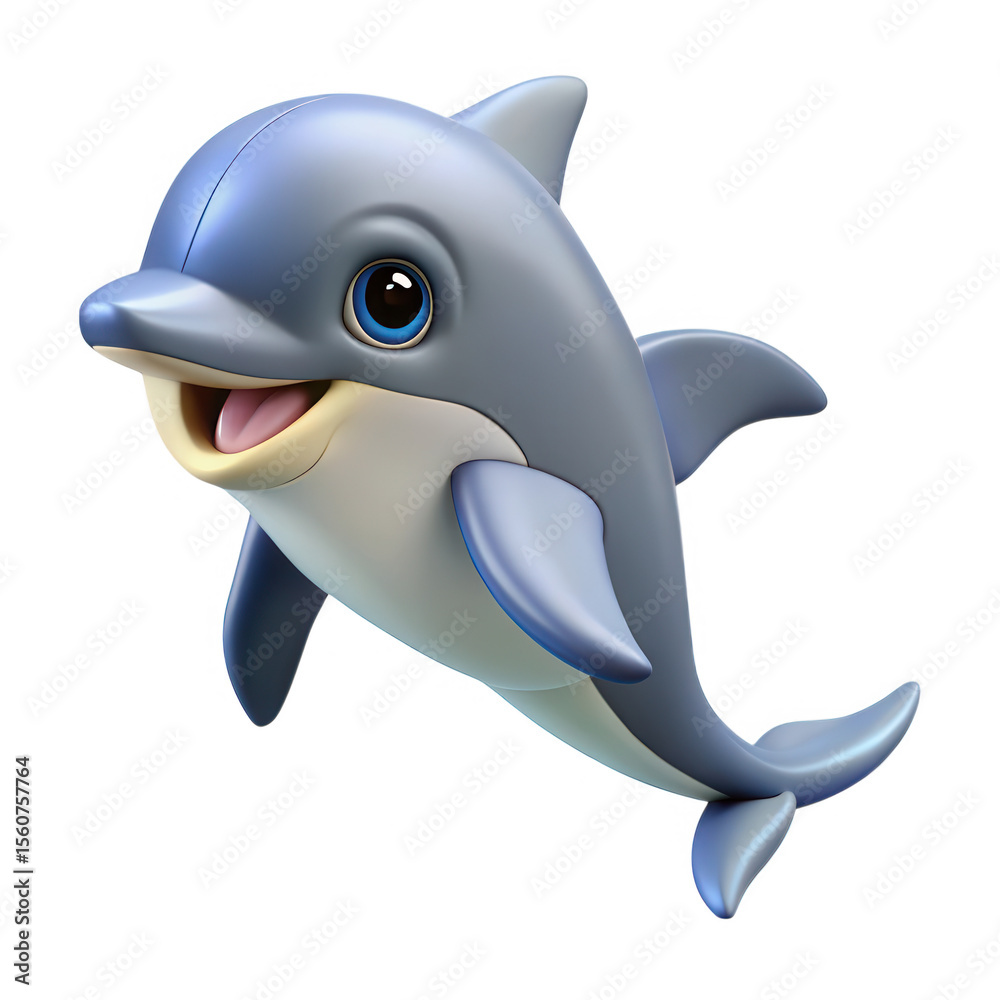 Fototapeta premium Cute cartoon dolphin 3d render isolated on transparent background