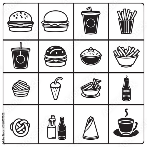 Collection of black and white icons representing fast food and drinks arranged in a grid