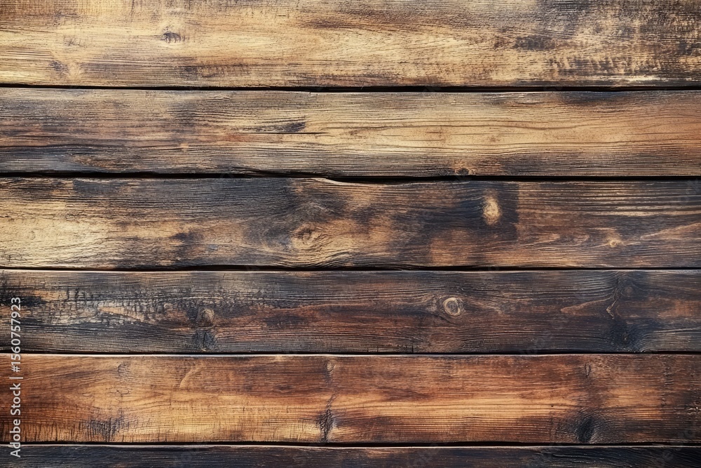 Fototapeta premium Close-up view of weathered wooden planks. Horizontal grain, various shades of brown and dark brown. Natural wood texture with visible knots and wood grain patterns