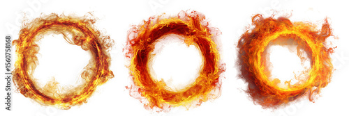 Three fiery rings of flame are isolated on a transparent background, creating a vibrant and energetic design element