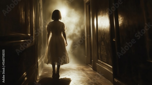 A ghostly child in a vintage dress, translucent figure, standing in a dark hallway, eerie and unsettling