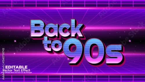 Back to 90s retro vibes trendy, colorful 3d editable vector text style effect. Retro synthwave typography with neon, chrome, and vibrant 80s and 90s vibes. 