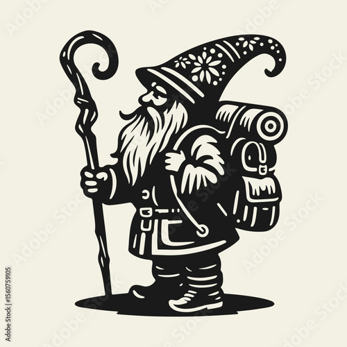 Black and white Christmas vector of a Scandinavian gnome with a backpack and staff. Whimsical flat design, festive and charming. Perfect for holiday prints and decor.