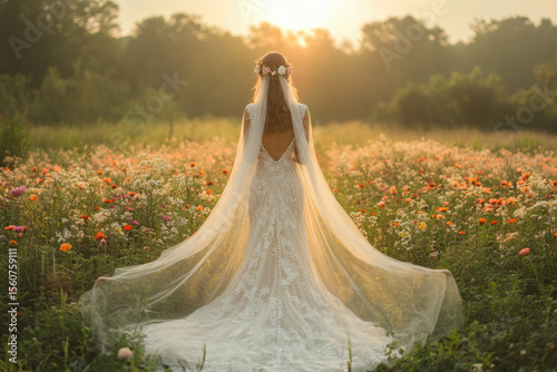 Bride in a field of flowers at sunset.