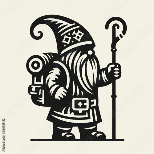 Black and white Christmas vector of a Scandinavian gnome with a backpack and staff. Whimsical flat design, festive and charming. Perfect for holiday prints and decor.