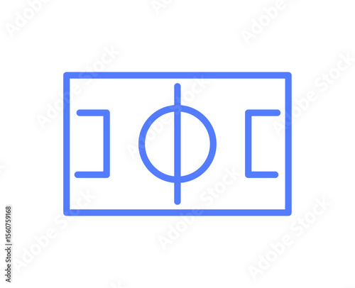 Soccer field icon, minimal top view layout of football pitch with goal areas, center circle and field lines, simple sports ground structure and match planning element line flat vector illustration.