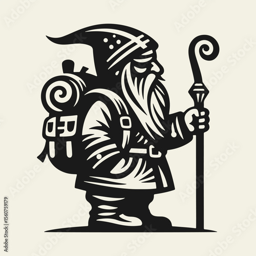 Black and white Christmas vector of a Scandinavian gnome with a backpack and staff. Whimsical flat design, festive and charming. Perfect for holiday prints and decor.