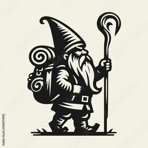 Black and white Christmas vector of a Scandinavian gnome with a backpack and staff. Whimsical flat design, festive and charming. Perfect for holiday prints and decor.