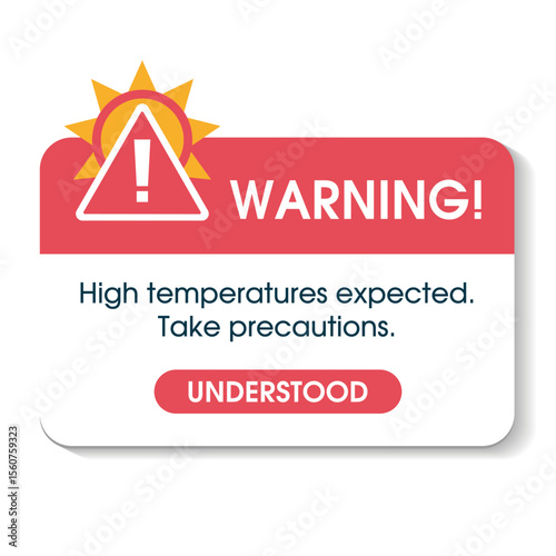 Extreme Heat Warning social networks template. Info message popup with red triangle with warning sign with an exclamation mark and the sun.  High temperature warning flat modern illustration