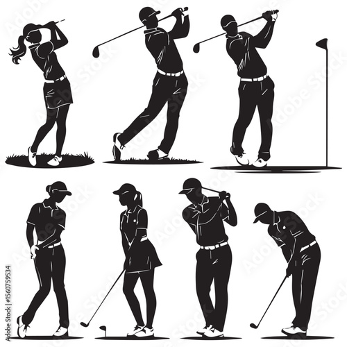 Diverse group of male and female golfers in silhouette performing various actions on the course