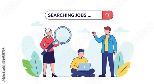 Adobe Illustrator vector flat style illustration of a diverse team collaborating on a job search, using a laptop and magnifying glass to find career opportunities