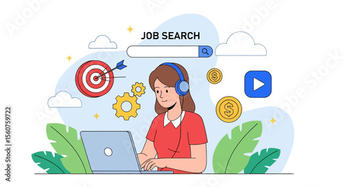 Adobe Illustrator vector flat style illustration of a woman using a laptop for job search, featuring target, gears, and magnifying glass, symbolizing career opportunities
