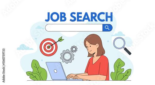 Adobe Illustrator vector flat style illustration of a woman using a laptop for job search, featuring target, gears, and magnifying glass, symbolizing career opportunities