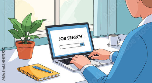 
Adobe Illustrator vector flat style illustration of a woman conducting a job search on her laptop, depicting online career opportunities and employment